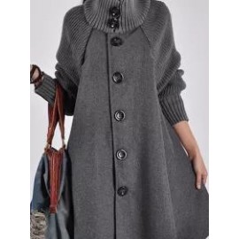 High Neck Patchwork Crochet Curved Hem Plain Raglan Sleeve Long Sleeve Coats