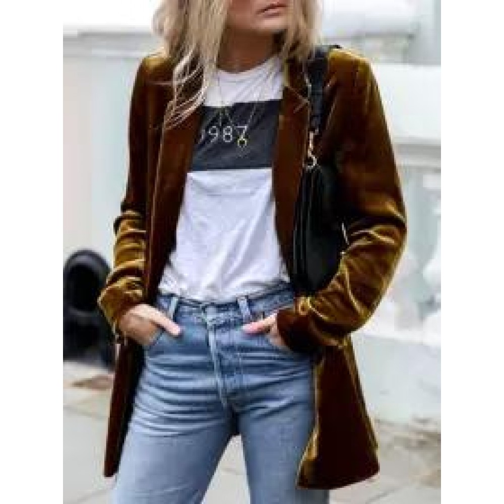 Gold Velvet Solid Color Casual Suit Cardigan Mid-length Coat