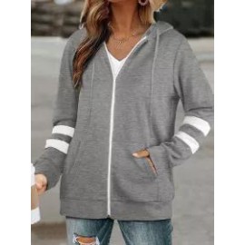 Casual Solid Color Pocket Long Sleeve Hooded Sweater Jacket