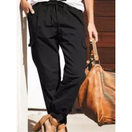 Casual Fashion Solid Color Pocket Lace-Up Trousers