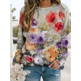 Fall/Winter Floral Print Long Sleeve Crewneck Sweatshirt
