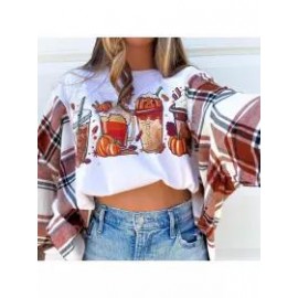 Women Hallowmas Plaid Patchwork Casual Sweatshirt