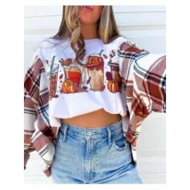Women Hallowmas Plaid Patchwork Casual Sweatshirt