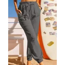Loose Casual Solid Color Elastic Waist Pants