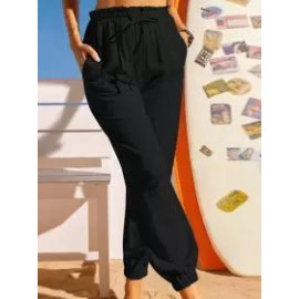 Loose Casual Solid Color Elastic Waist Pants