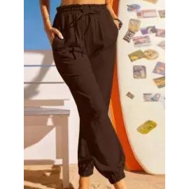 Loose Casual Solid Color Elastic Waist Pants