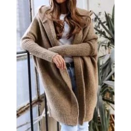 Hooded Long-sleeved Solid Color Woolen Coat
