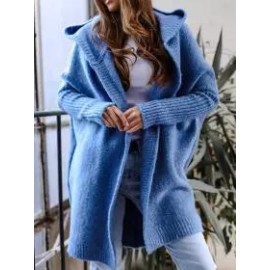 Hooded Long-sleeved Solid Color Woolen Coat