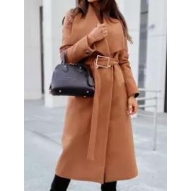 Casual Loose Solid Color Lace-Up Woolen Coat