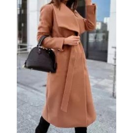 Casual Loose Solid Color Lace-Up Woolen Coat