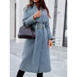Casual Loose Solid Color Lace-Up Woolen Coat