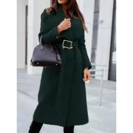 Casual Loose Solid Color Lace-Up Woolen Coat