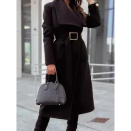 Casual Loose Solid Color Lace-Up Woolen Coat