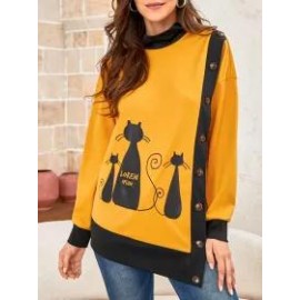 Cat Print Buttoned Long-sleeves Sweatshirt