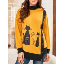 Cat Print Buttoned Long-sleeves Sweatshirt