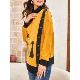 Cat Print Buttoned Long-sleeves Sweatshirt