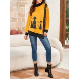 Cat Print Buttoned Long-sleeves Sweatshirt