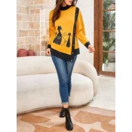 Cat Print Buttoned Long-sleeves Sweatshirt