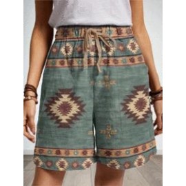 Ethnic Print Straight-leg Pants Loose Shorts