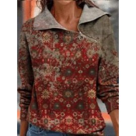 Printed Zip Diagonal Neck Long Sleeve Sweatshirt