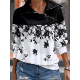 Printed Zip Diagonal Neck Long Sleeve Sweatshirt