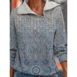 Printed Zip Diagonal Neck Long Sleeve Sweatshirt
