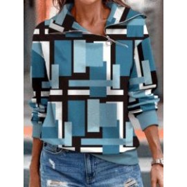 Printed Zip Diagonal Neck Long Sleeve Sweatshirt