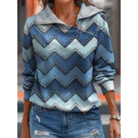 Printed Zip Diagonal Neck Long Sleeve Sweatshirt