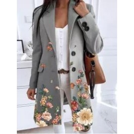 Ladies Casual Lapel Printed Woolen Coat