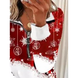 Fashionable Christmas Print Lapel Long Sleeve Casual Sweatshirt