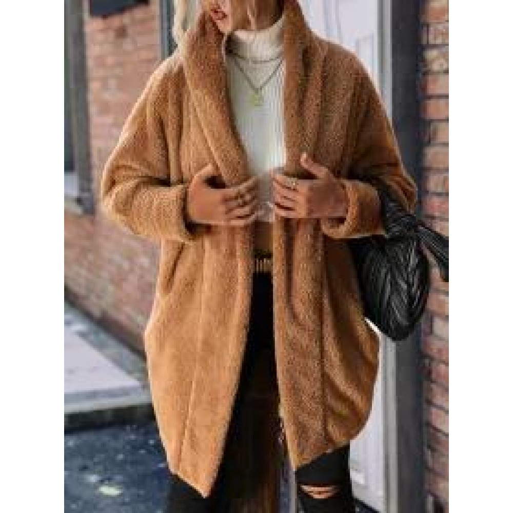 Loose Casual Solid Color Plush Buttonless Lapel Long Sleeve Coat Loose Casual Solid Color Plush Buttonless Lapel Long Sleeve Coat