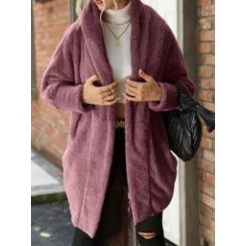 Loose Casual Solid Color Plush Buttonless Lapel Long Sleeve Coat