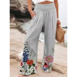 Casual Cotton Blend Floral Print Long Pants