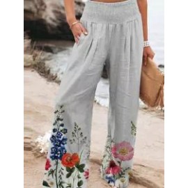 Casual Cotton Blend Floral Print Long Pants
