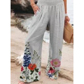 Casual Cotton Blend Floral Print Long Pants
