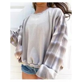 Women Plaid Patchwork Knited Crew Sweatshirt