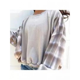 Women Plaid Patchwork Knited Crew Sweatshirt
