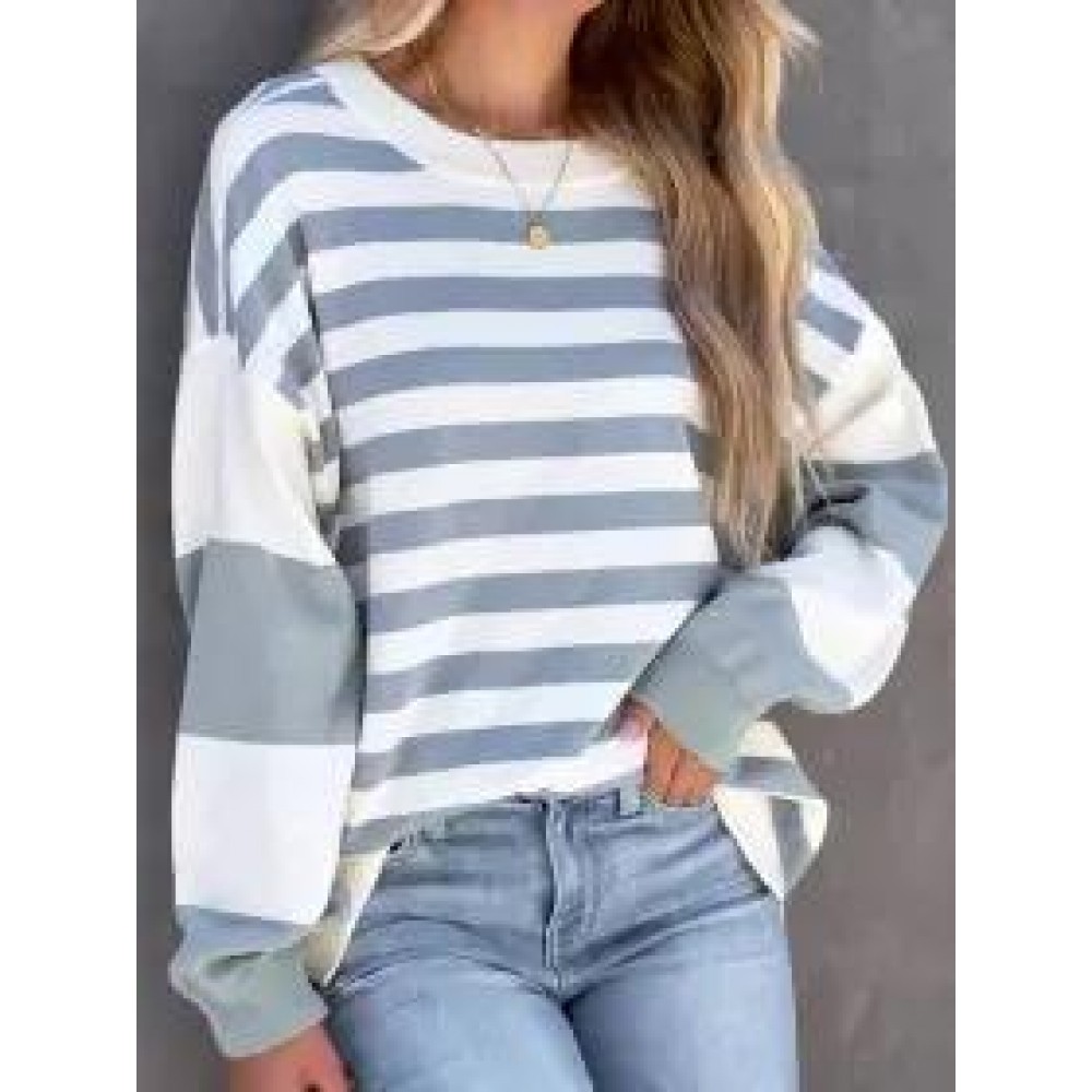 Casual Round Collar Striped Long-sleeved Sweatshirt Casual Round Collar Striped Long-sleeved Sweatshirt