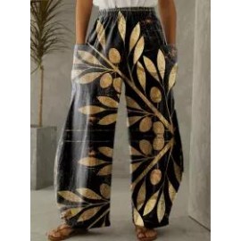 Fashion Floral Print Pocket Pants Women