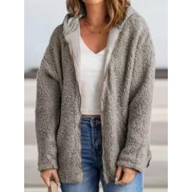 Casual Loose Solid Zip Lambsool Hooded Coat