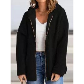 Casual Loose Solid Zip Lambsool Hooded Coat