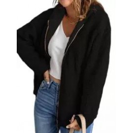 Casual Loose Solid Zip Lambsool Hooded Coat
