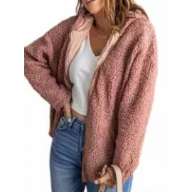 Casual Loose Solid Zip Lambsool Hooded Coat