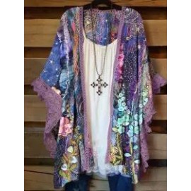 Relaxed Loose Floral Print Lace Panel Cardigan