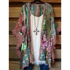 Relaxed Loose Floral Print Lace Panel Cardigan