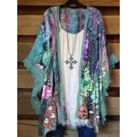 Relaxed Loose Floral Print Lace Panel Cardigan