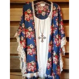 Relaxed Loose Floral Print Lace Panel Cardigan