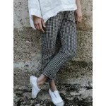 Loose Casual Plaid Elastic Waist Cotton And Linen Pants
