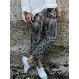 Loose Casual Plaid Elastic Waist Cotton And Linen Pants