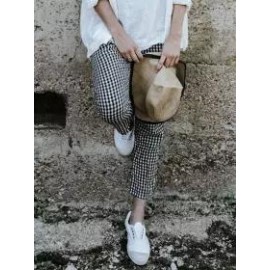 Loose Casual Plaid Elastic Waist Cotton And Linen Pants